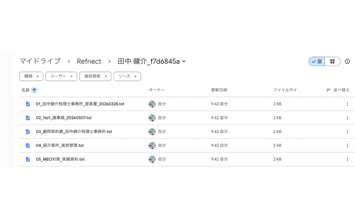 Google Drive のリスト表示:パンくず「マイドライブ > Refnect > 田中 健介_f7d6845a」で命名規則「人脈名_xxxxxxxx」が確認できる